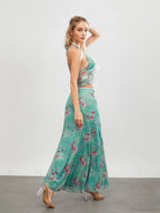 Green Floral Sleeveless Tie-up Halter Backless Long Floral Dress image 4