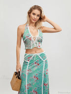 Green Floral Sleeveless Tie-up Halter Backless Long Floral Dress image 1
