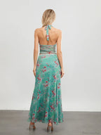 Green Floral Sleeveless Tie-up Halter Backless Long Floral Dress image 5