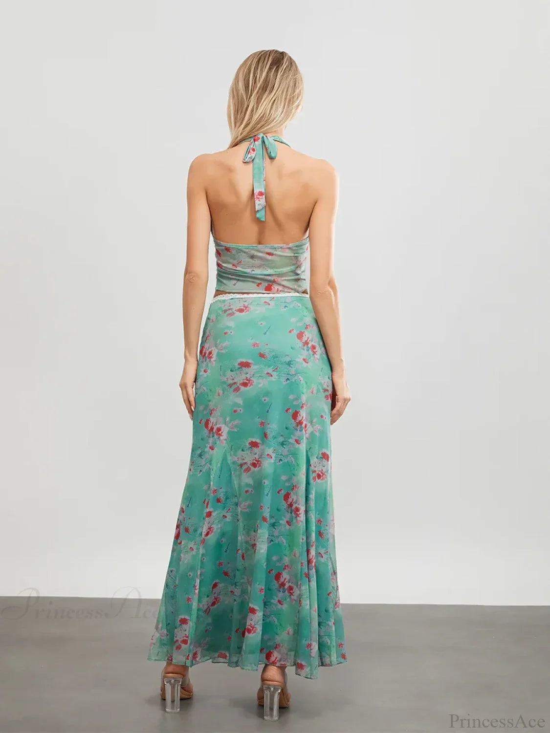 Green Floral Sleeveless Tie-up Halter Backless Long Floral Dress image 5