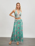 Green Floral Sleeveless Tie-up Halter Backless Long Floral Dress image 2