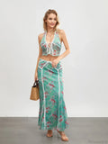Green Floral Sleeveless Tie-up Halter Backless Long Floral Dress image 3
