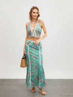 Green Floral Sleeveless Tie-up Halter Backless Long Floral Dress image 3