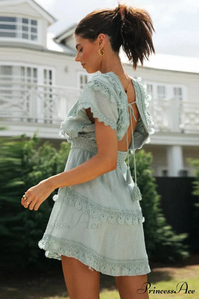 Green Lace Batwing Sleeve Backless Dress for Summer Casual Wear image 4