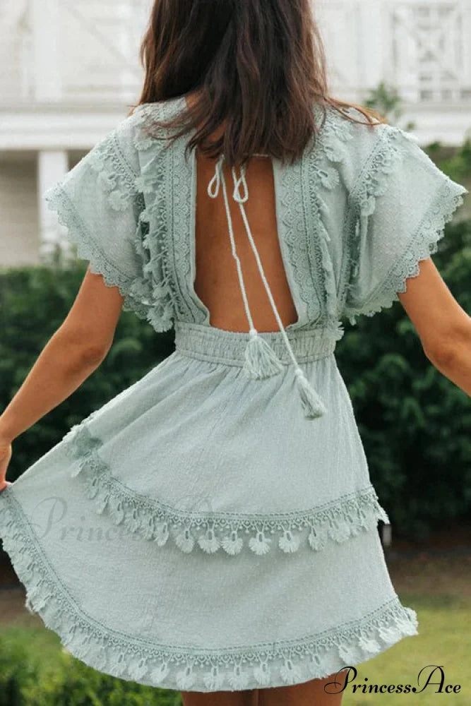 Green Lace Batwing Sleeve Backless Dress for Summer Casual Wear image 2
