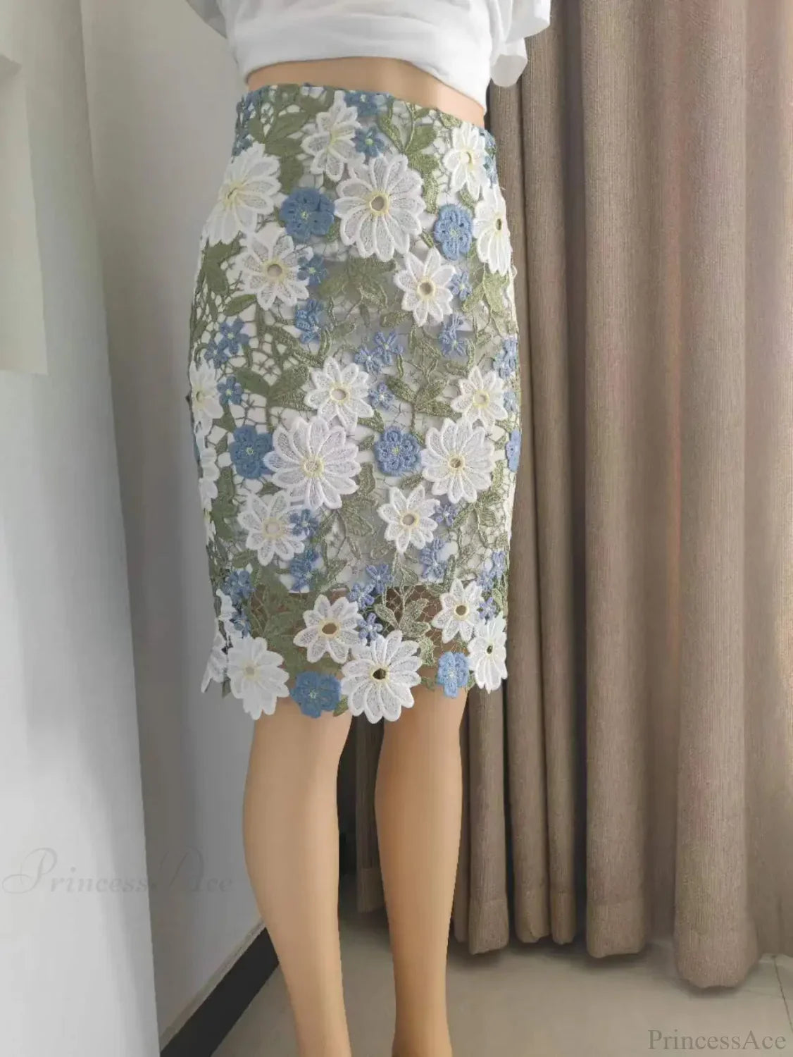 Green Lace Pencil Skirt Knee Length Bi-material Skirt image 3