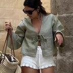 Green Linen Lace-Up Long Sleeve V-neck Blouse image 3