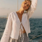 Green Linen Lace-Up Long Sleeve V-neck Blouse image 5