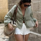 Green Linen Lace-Up Long Sleeve V-neck Blouse image 2