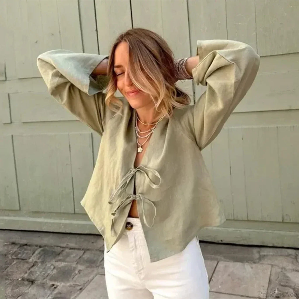 Green Linen Lace-Up Long Sleeve V-neck Blouse image 7