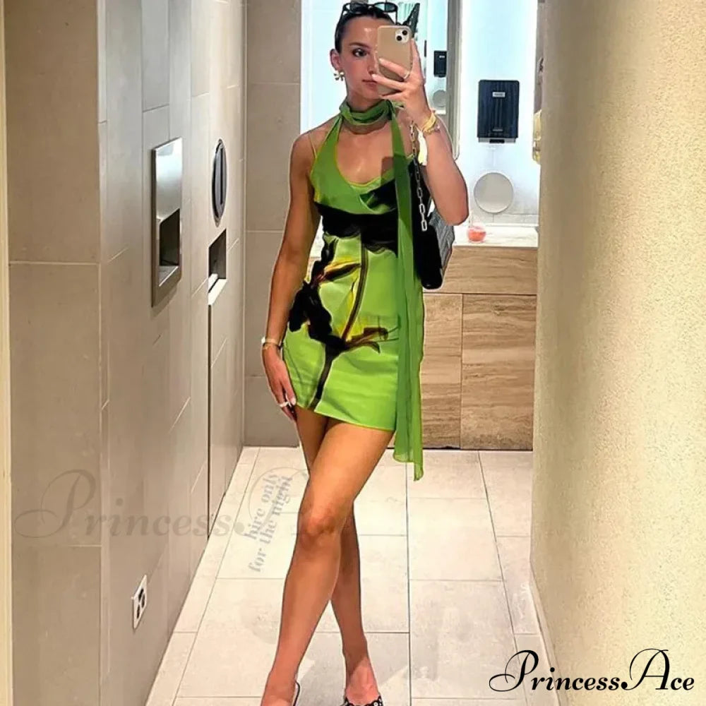 Green Mesh Printed Charming Draped Mini Dress image 11