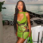 Green Mesh Printed Charming Draped Mini Dress image 8