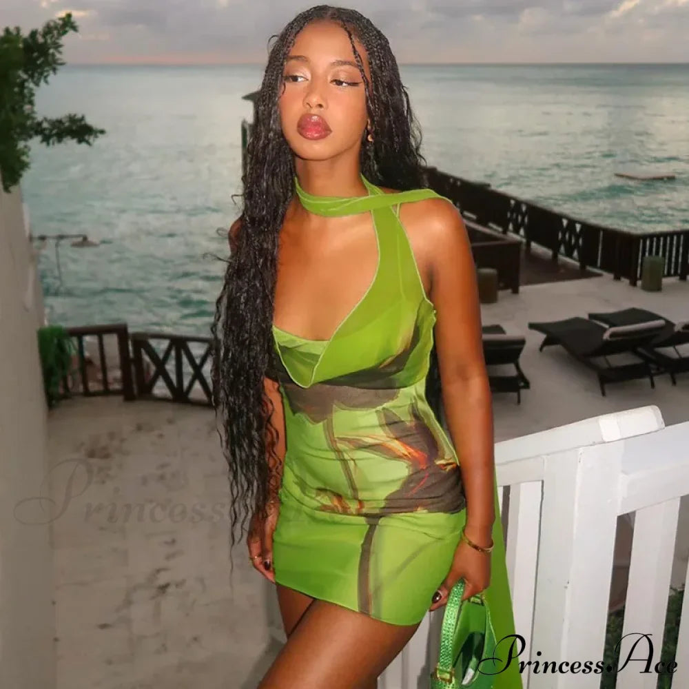 Green Mesh Printed Charming Draped Mini Dress image 8