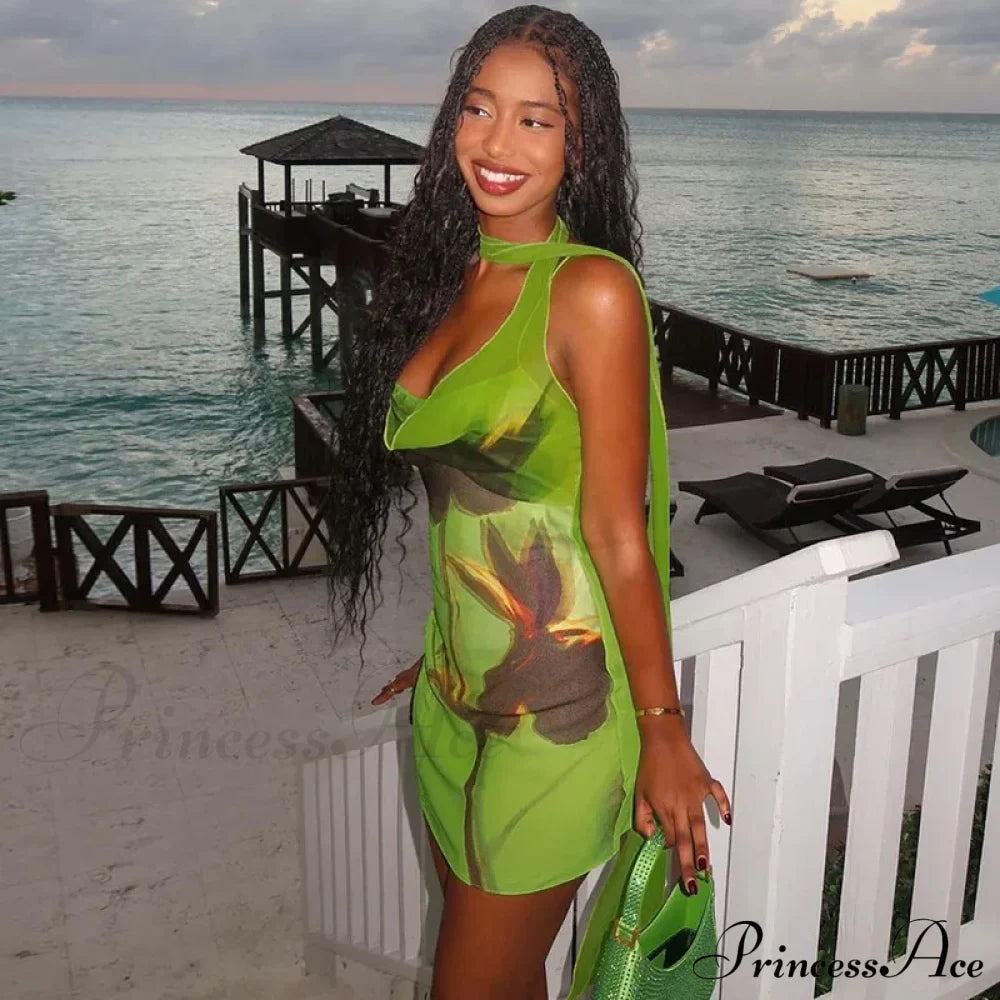 Green Mesh Printed Charming Draped Mini Dress image 7