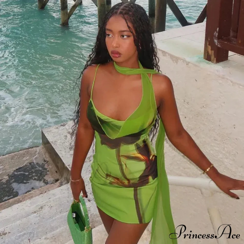 Green Mesh Printed Charming Draped Mini Dress image 13
