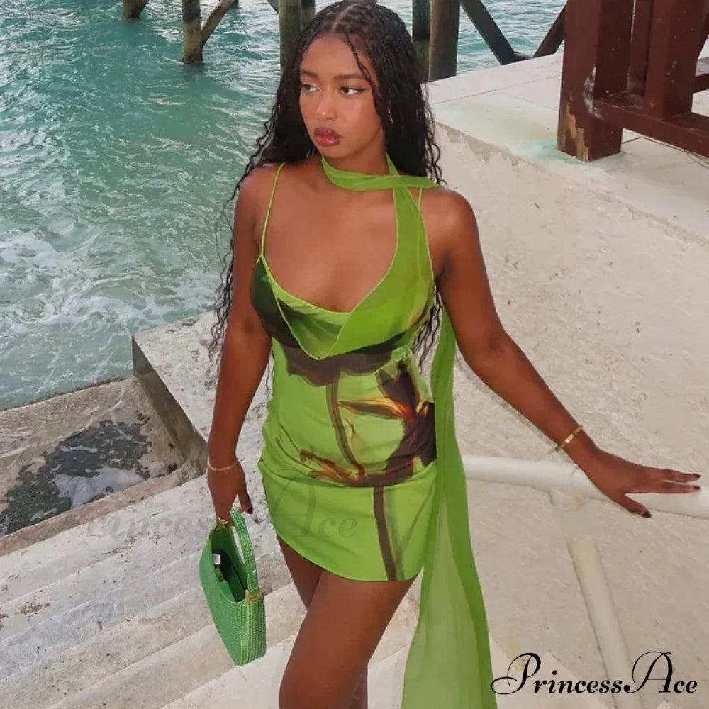 Green Mesh Printed Charming Draped Mini Dress image 9