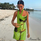 Green Mesh Printed Charming Draped Mini Dress image 4