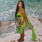 Green Mesh Printed Charming Draped Mini Dress image 10