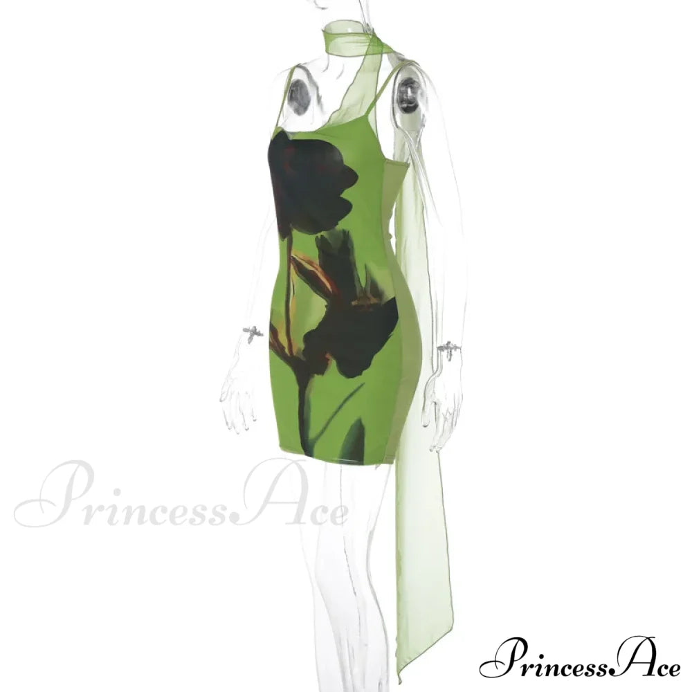 Green Mesh Printed Charming Draped Mini Dress image 16