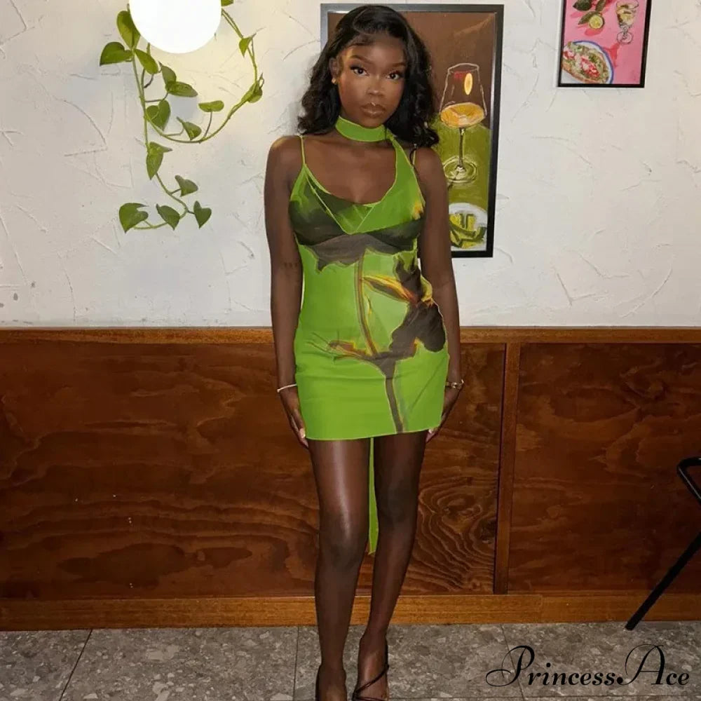 Green Mesh Printed Charming Draped Mini Dress image 12