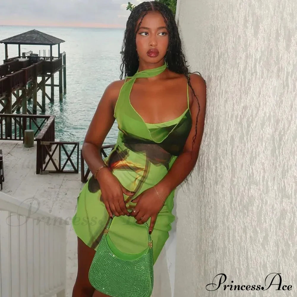 Green Mesh Printed Charming Draped Mini Dress image 6