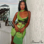 Green Mesh Printed Charming Draped Mini Dress image 6