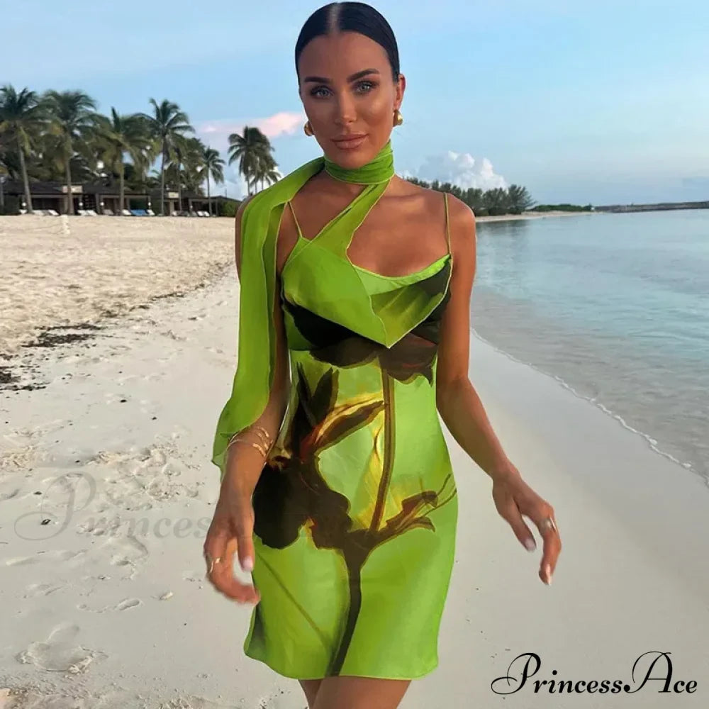 Green Mesh Printed Charming Draped Mini Dress image 3
