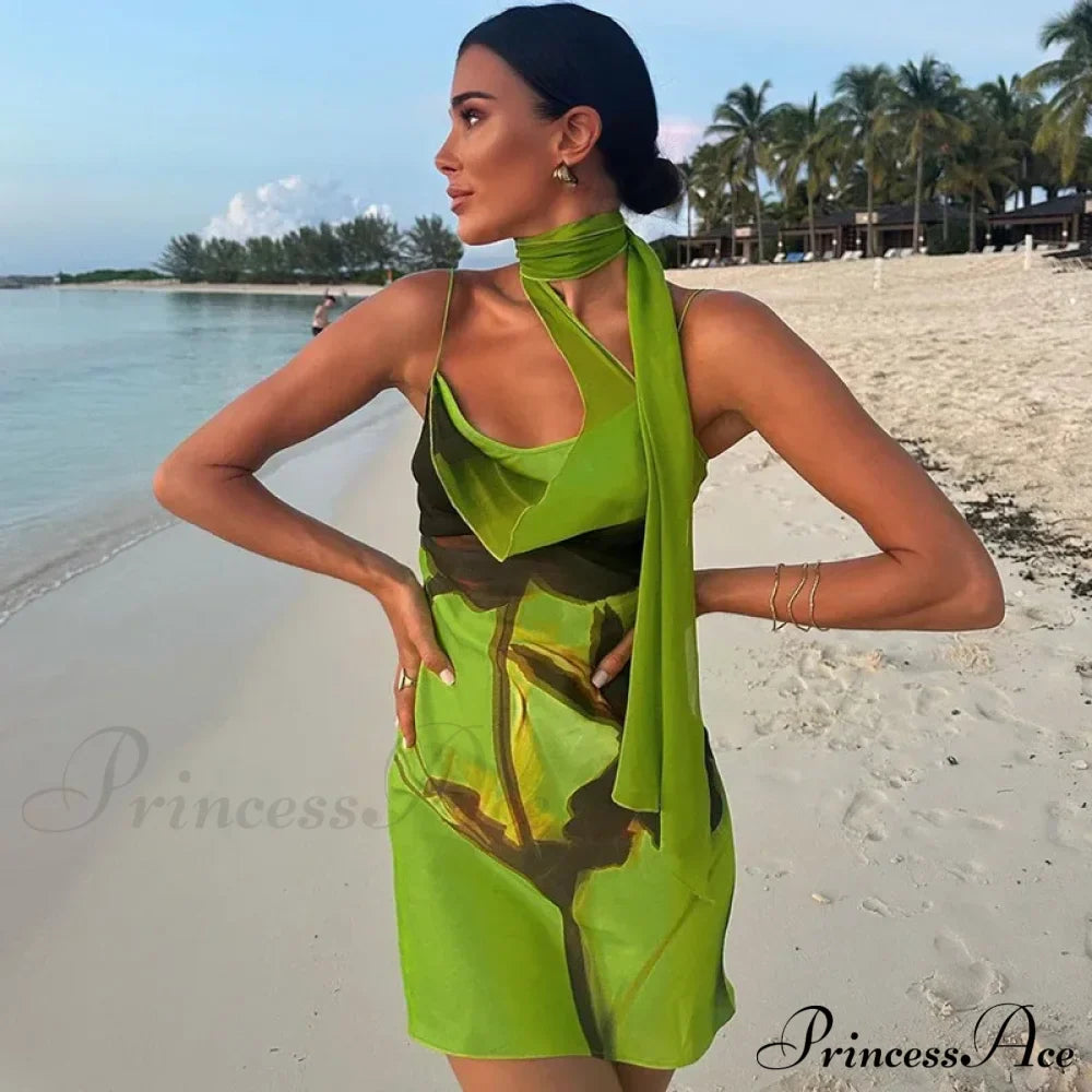 Green Mesh Printed Charming Draped Mini Dress image 1