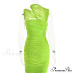 Green Mesh Ruched Neck Cut Trendy Out Design Bodycon Mini Dress image 5