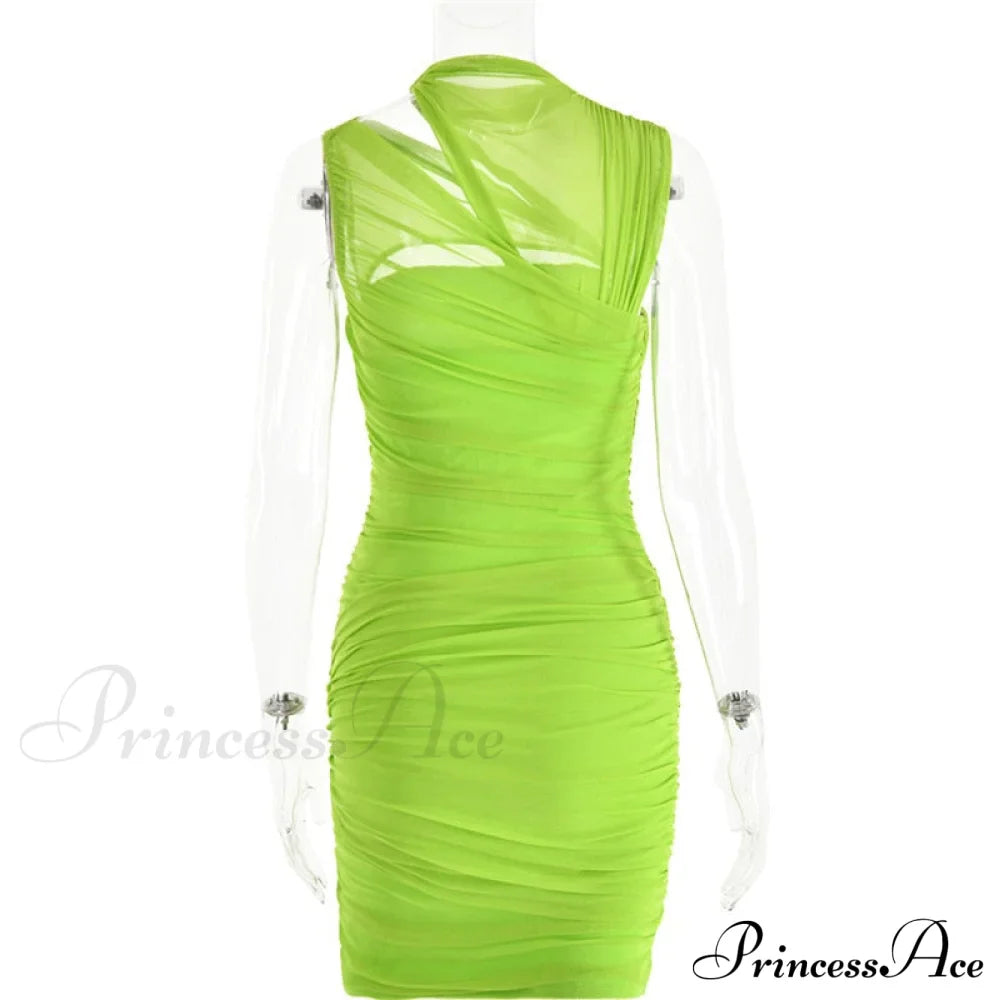 Green Mesh Ruched Neck Cut Trendy Out Design Bodycon Mini Dress image 5