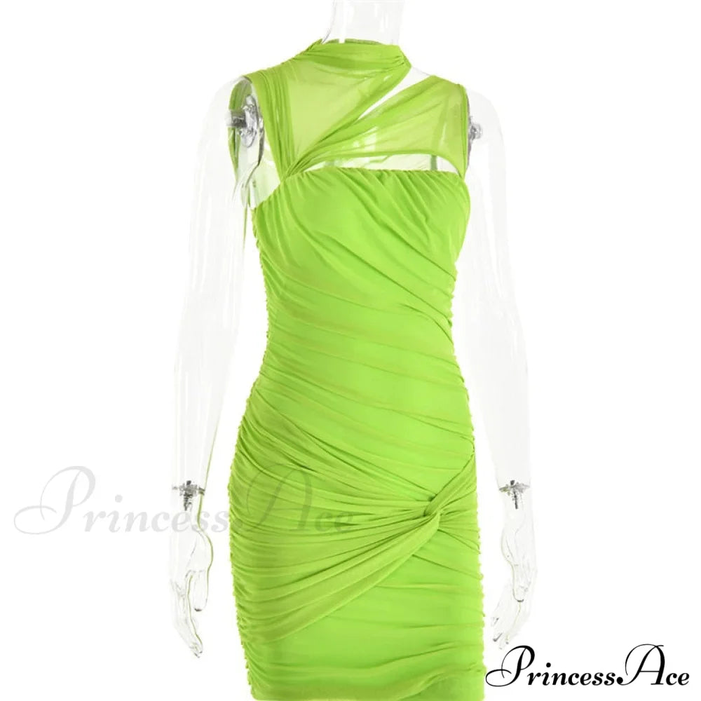 Green Mesh Ruched Neck Cut Trendy Out Design Bodycon Mini Dress image 4