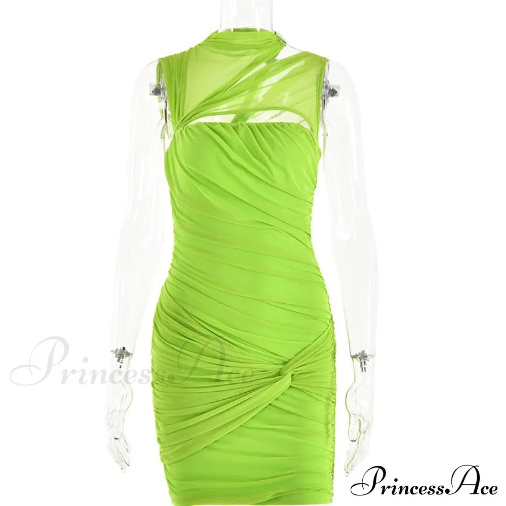 Green Mesh Ruched Neck Cut Trendy Out Design Bodycon Mini Dress image 3