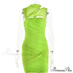 Green Mesh Ruched Neck Cut Trendy Out Design Bodycon Mini Dress image 3