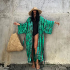 Green Printed Silky Kimono Robe Boho Cover up image 7