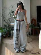 Grey Baggy Stylish Slit Patchwork Sweatpants&nbsp; image 3