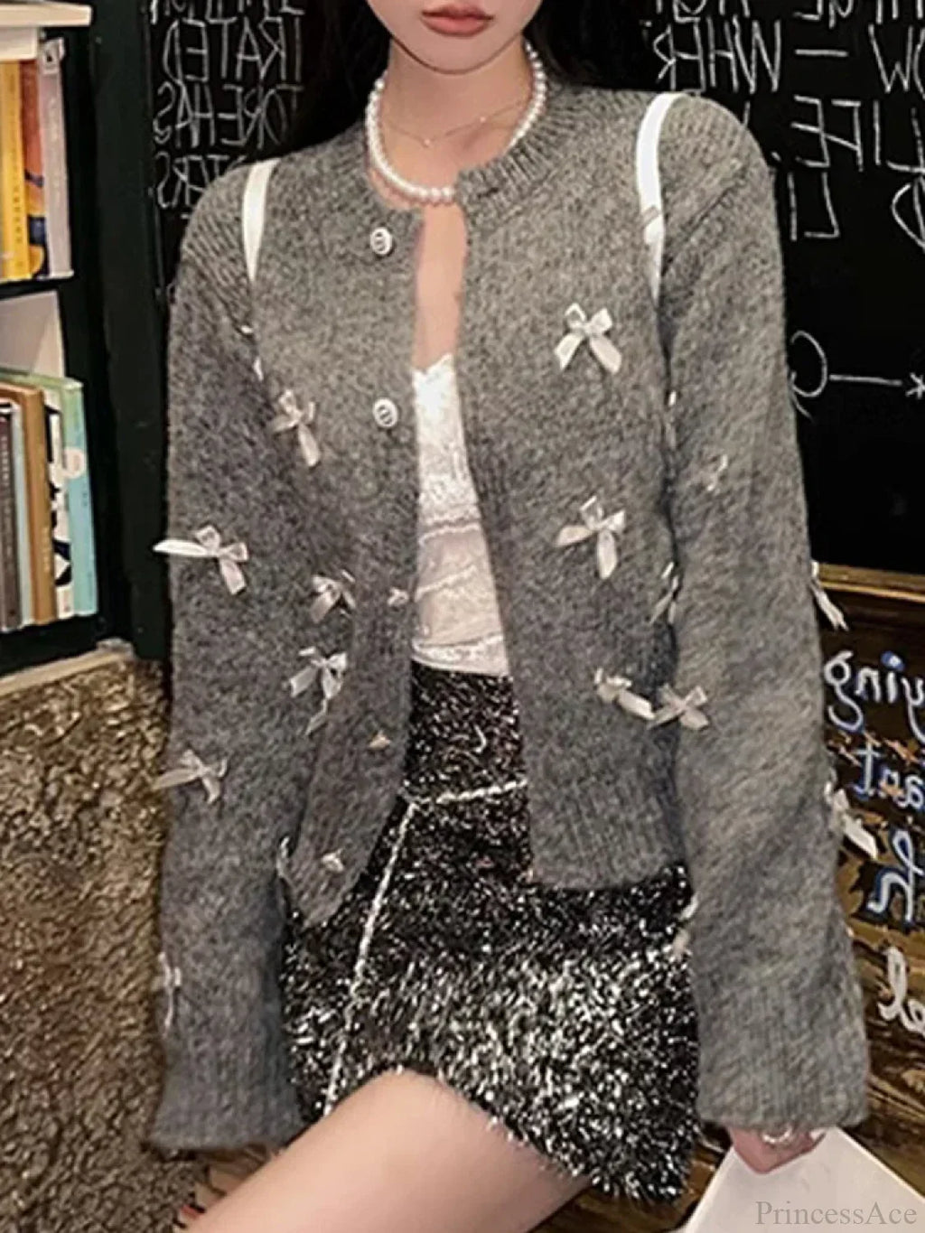 Grey Bow O-neck Cardigan image 3