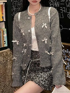 Grey Bow O-neck Cardigan image 3