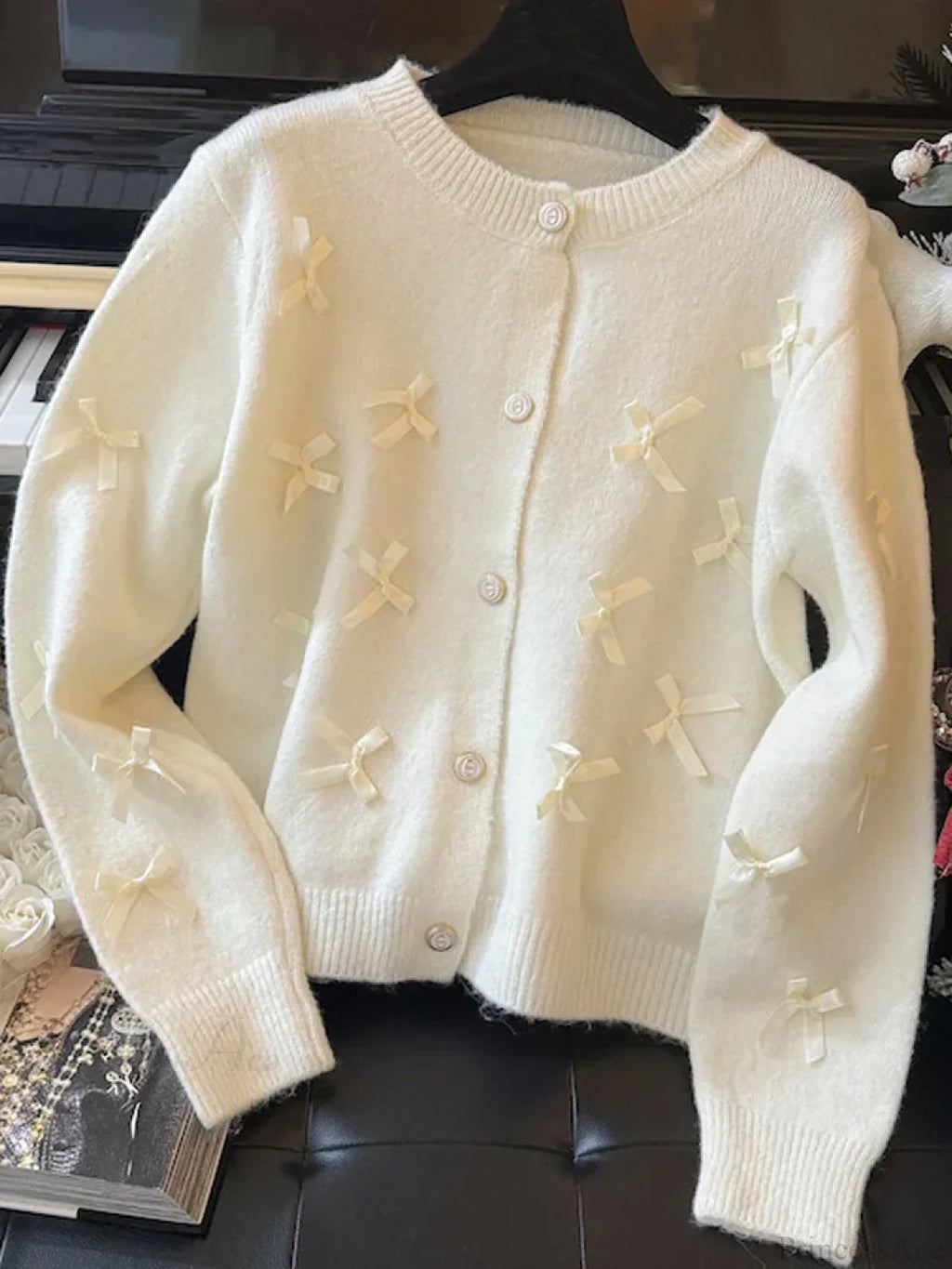Grey Bow O-neck Cardigan image 5