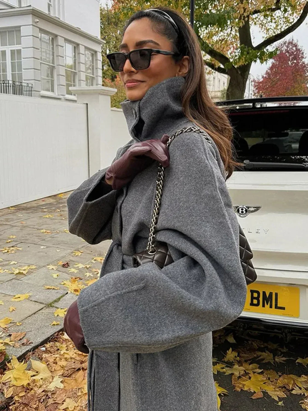 Grey High Collar Long Woolen Coat image 3