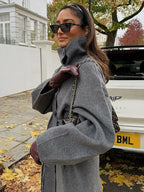 Grey High Collar Long Woolen Coat image 3