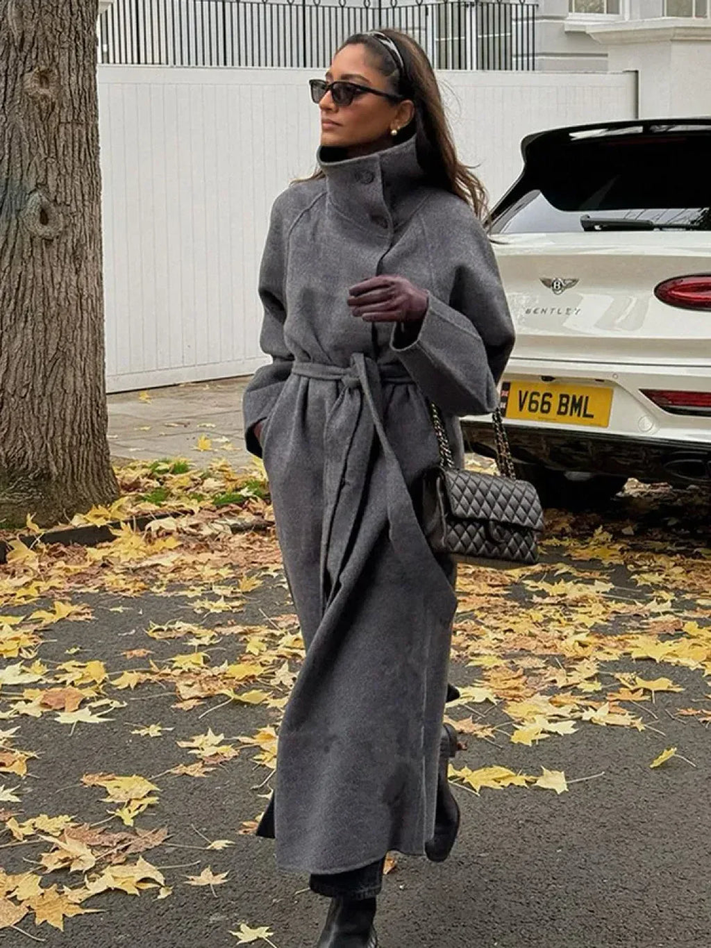 Grey High Collar Long Woolen Coat image 5
