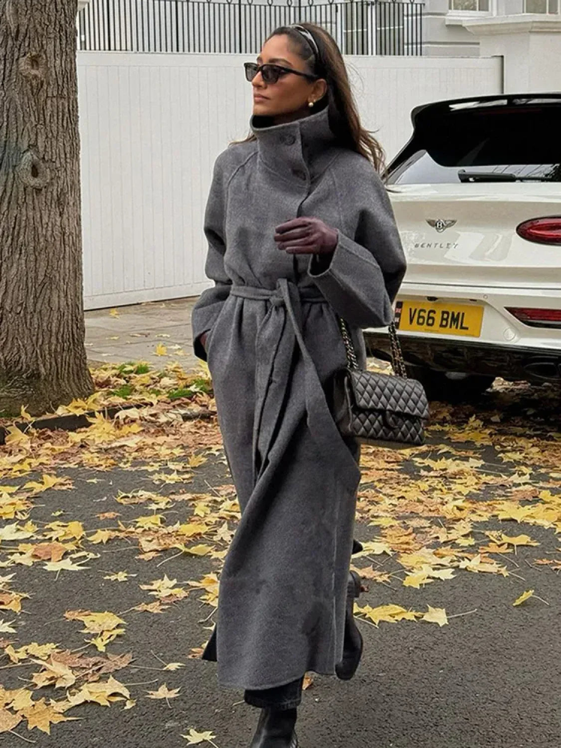 Grey High Collar Long Woolen Coat image 5