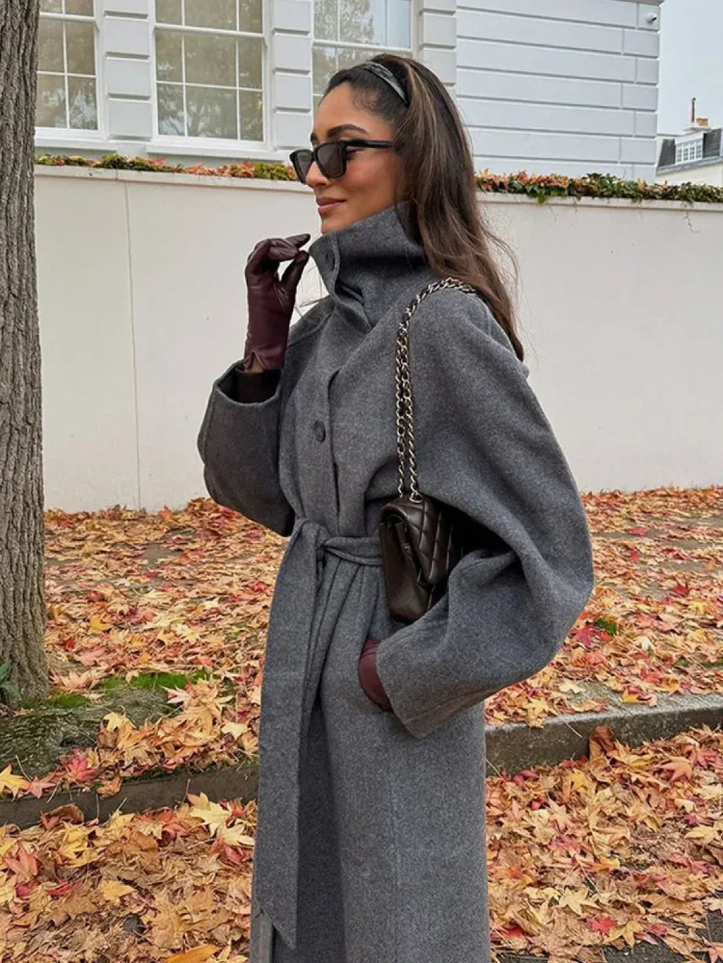 Grey High Collar Long Woolen Coat image 2