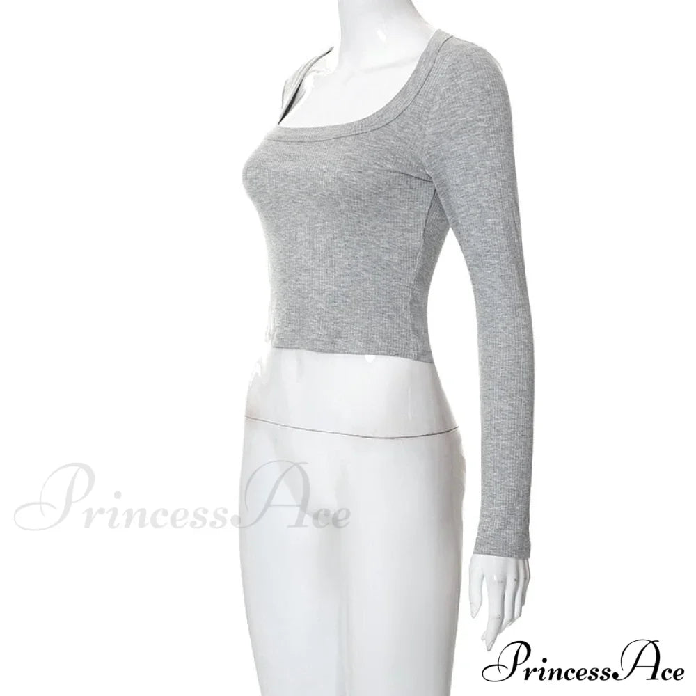 Grey Ribbed Long Charming Sleeve Crop Top image 9
