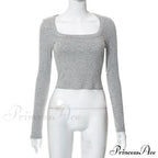Grey Ribbed Long Charming Sleeve Crop Top image 8