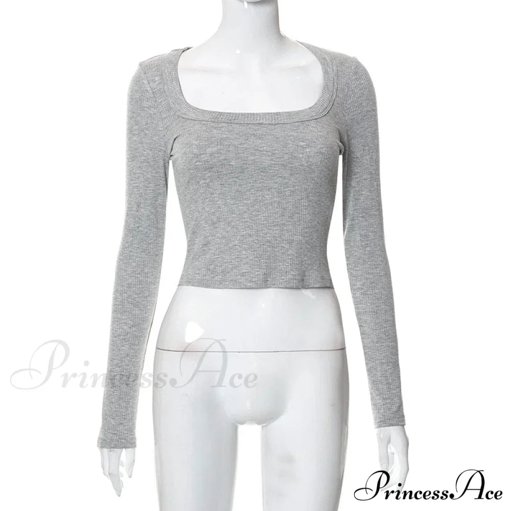 Grey Ribbed Long Charming Sleeve Crop Top image 8