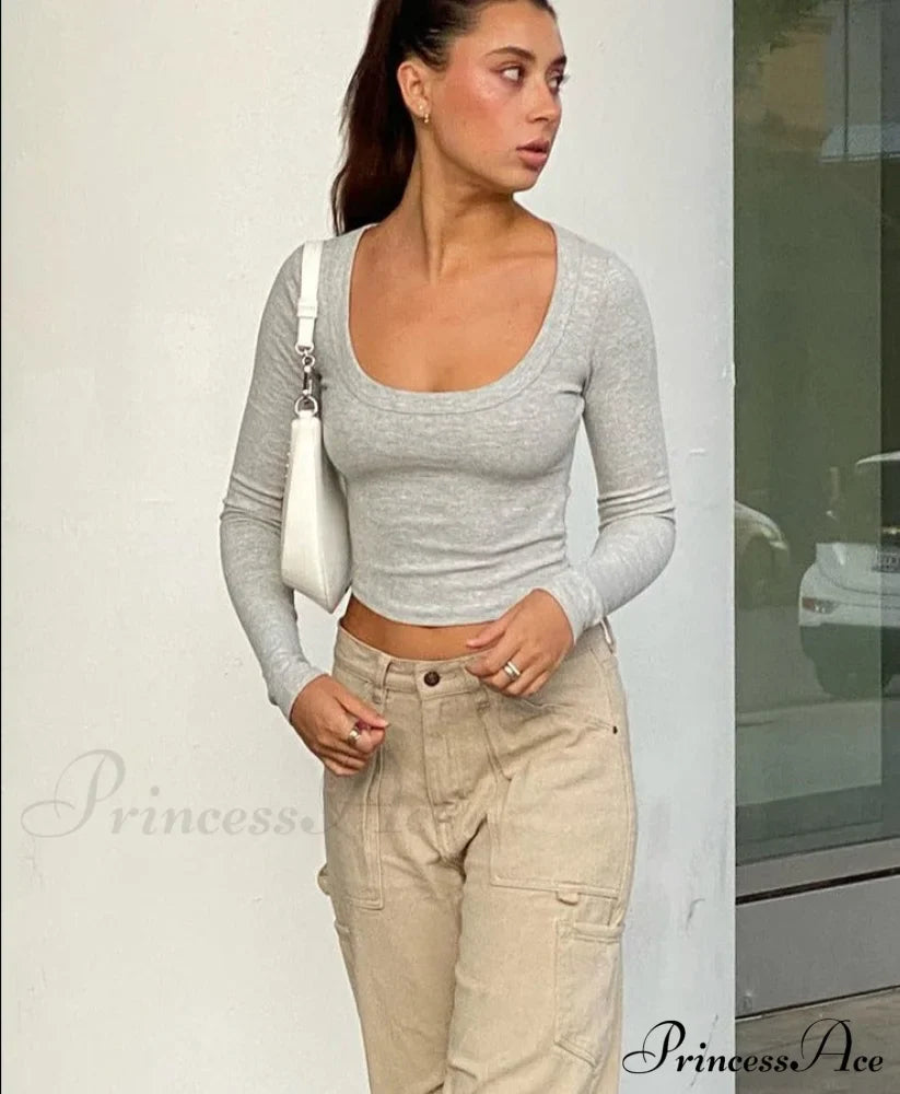 Grey Ribbed Long Charming Sleeve Crop Top image 7