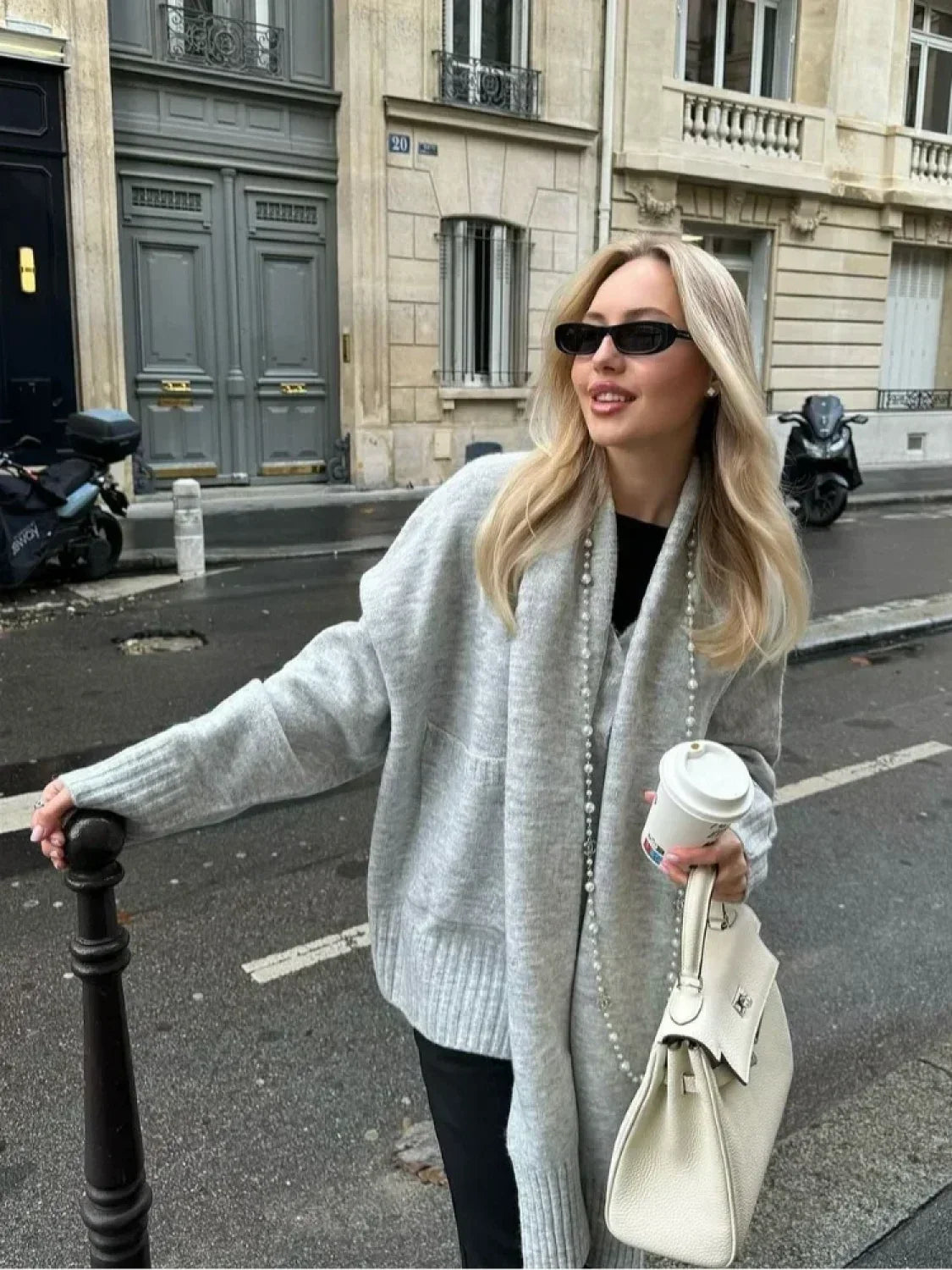 Grey Scarf Collar Loose Cashmere Cardigan image 4