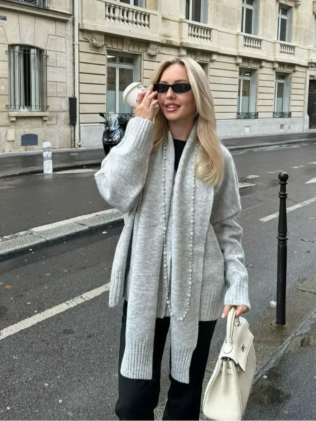 Grey Scarf Collar Loose Cashmere Cardigan image 1