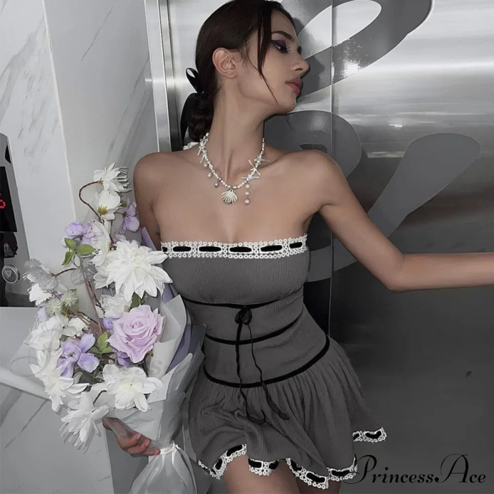 Grey Tube Lace Charming Strap Mini Dress image 2
